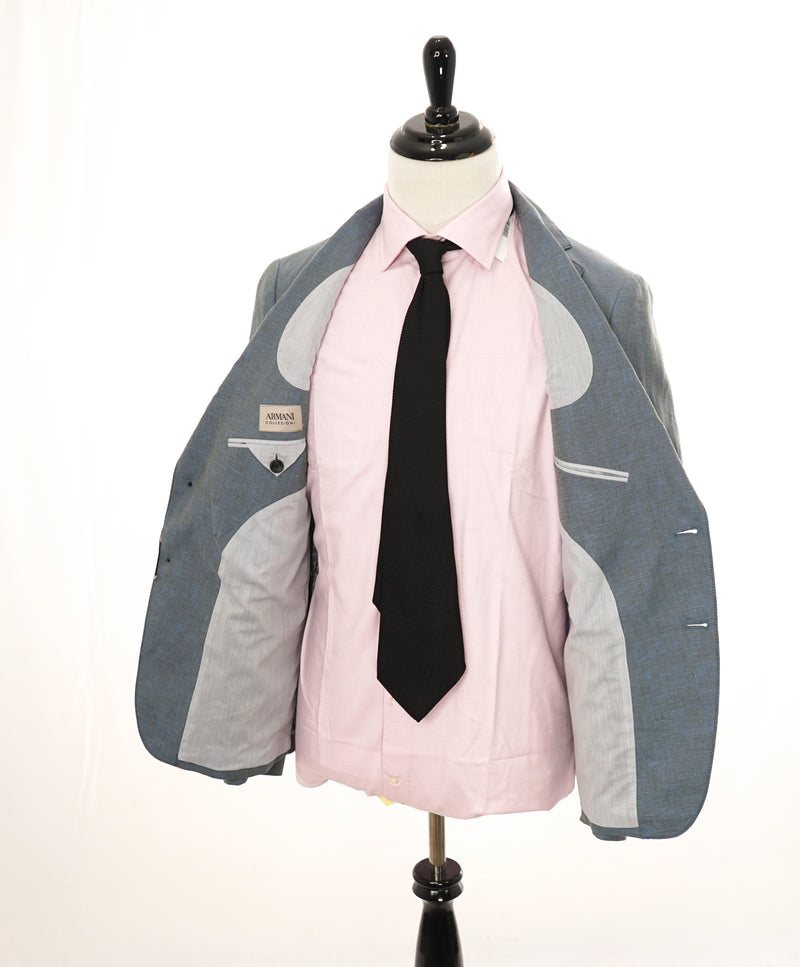 ARMANI COLLEZIONI - Medium Blue Melange Semi-Lined Linen Blazer - 40R