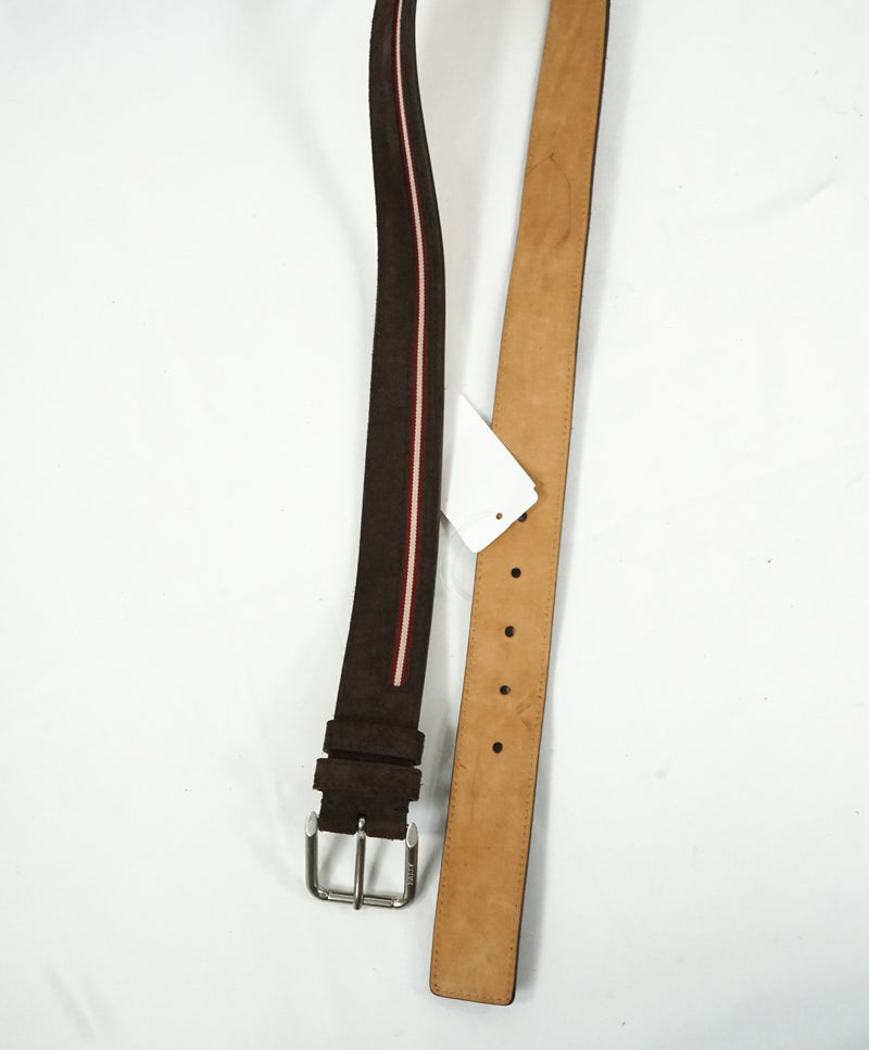 BALLY - "Colimar" Logo Stripe-Inlaid Brown Suede Belt -  34W (85)