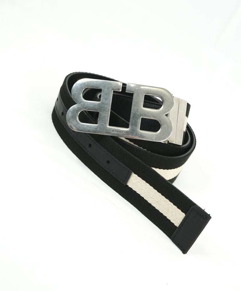 BALLY - "Mirror B" Buckle Fabric & Leather Reversible Belt -  42W