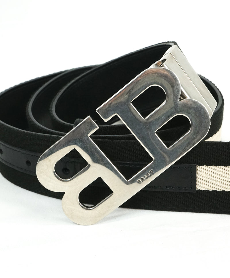 BALLY - "Mirror B" Buckle Fabric & Leather Reversible Belt -  42W