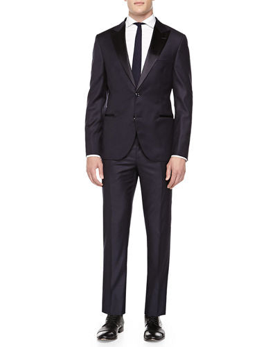 BRUNELLO CUCINELLI - Black On Black Wide Peak Lapel Tuxedo Suit - 48R