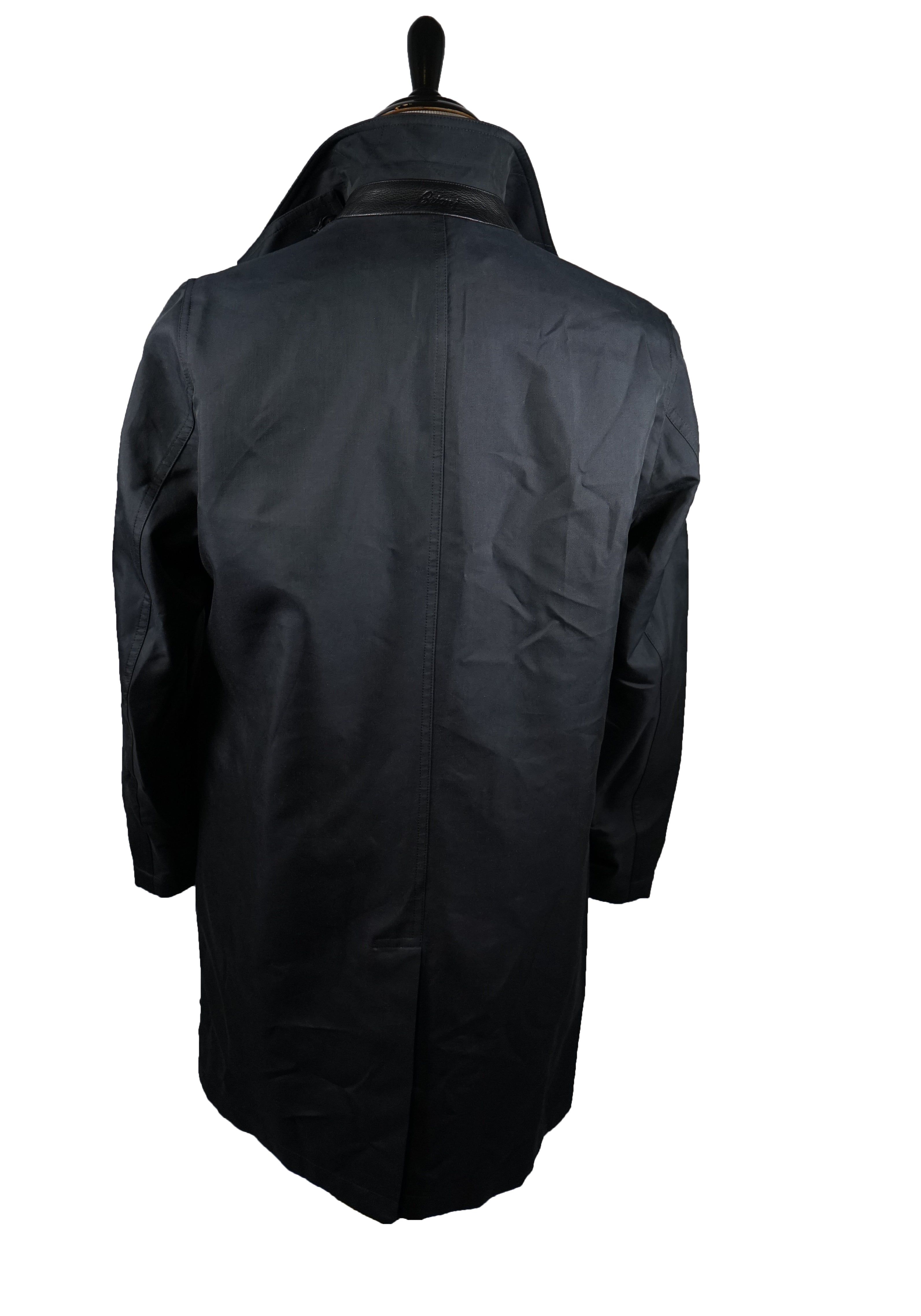 BRIONI - Silk Blend Long Top Coat With Leather Details & Logos - M