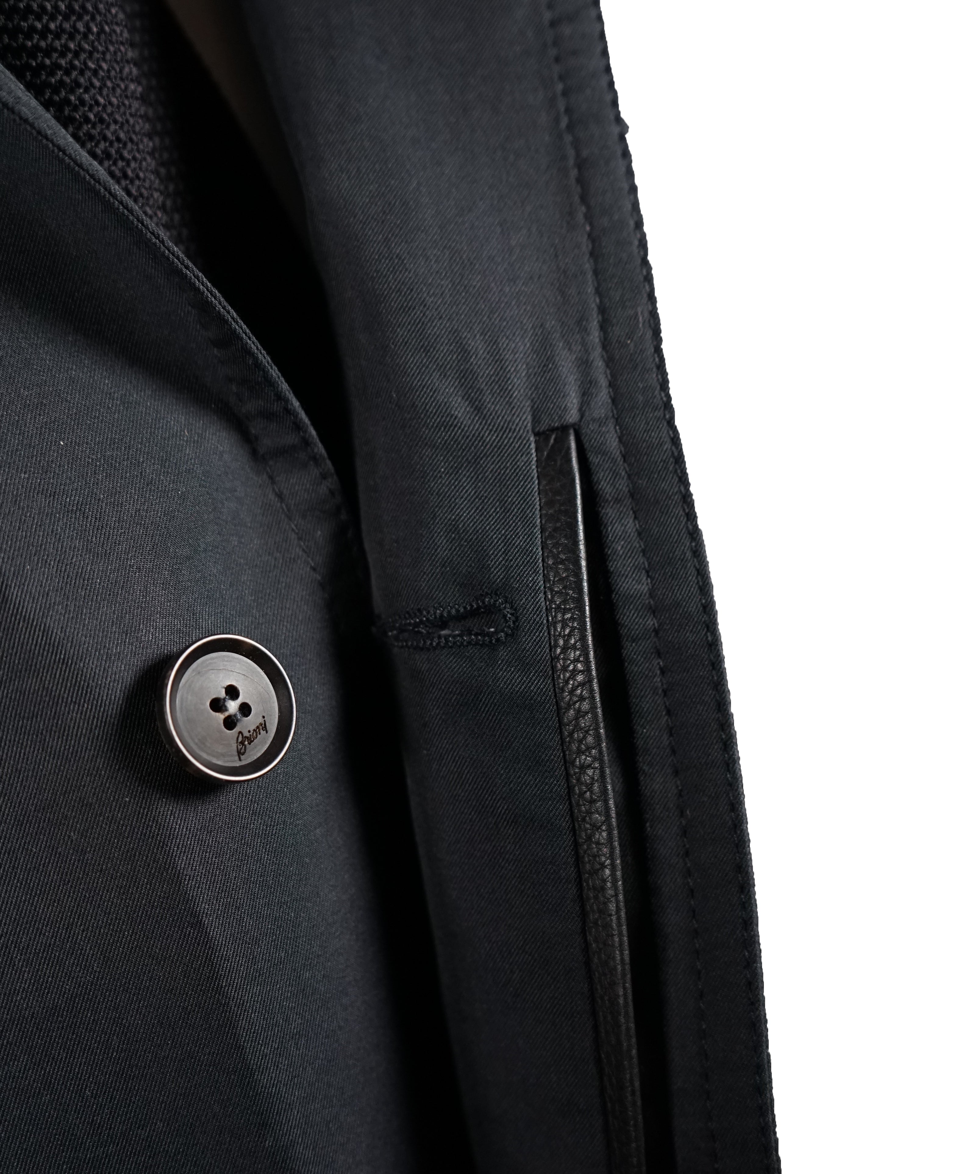 BRIONI - Silk Blend Long Top Coat With Leather Details & Logos - M