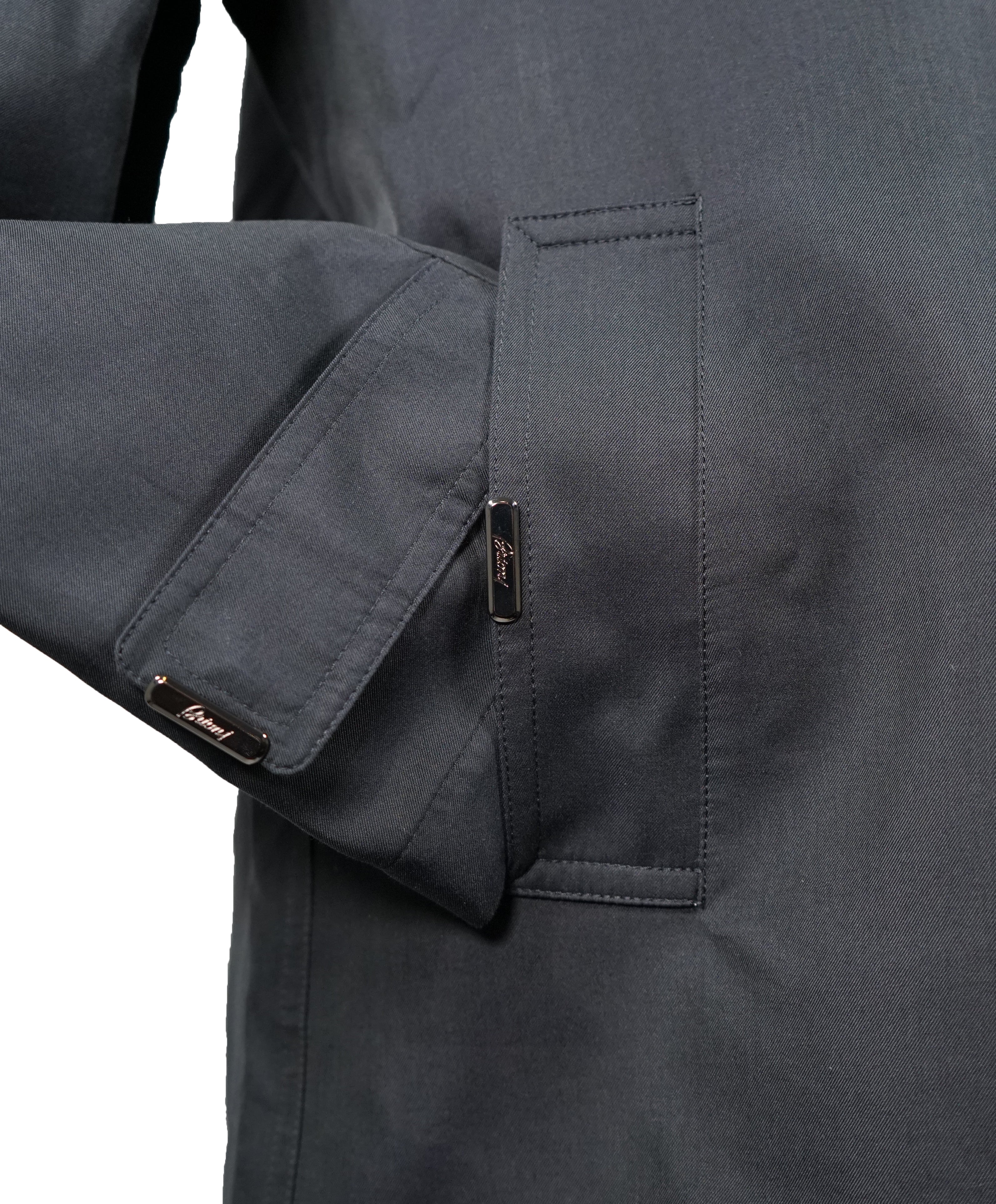 BRIONI - Silk Blend Long Top Coat With Leather Details & Logos - M