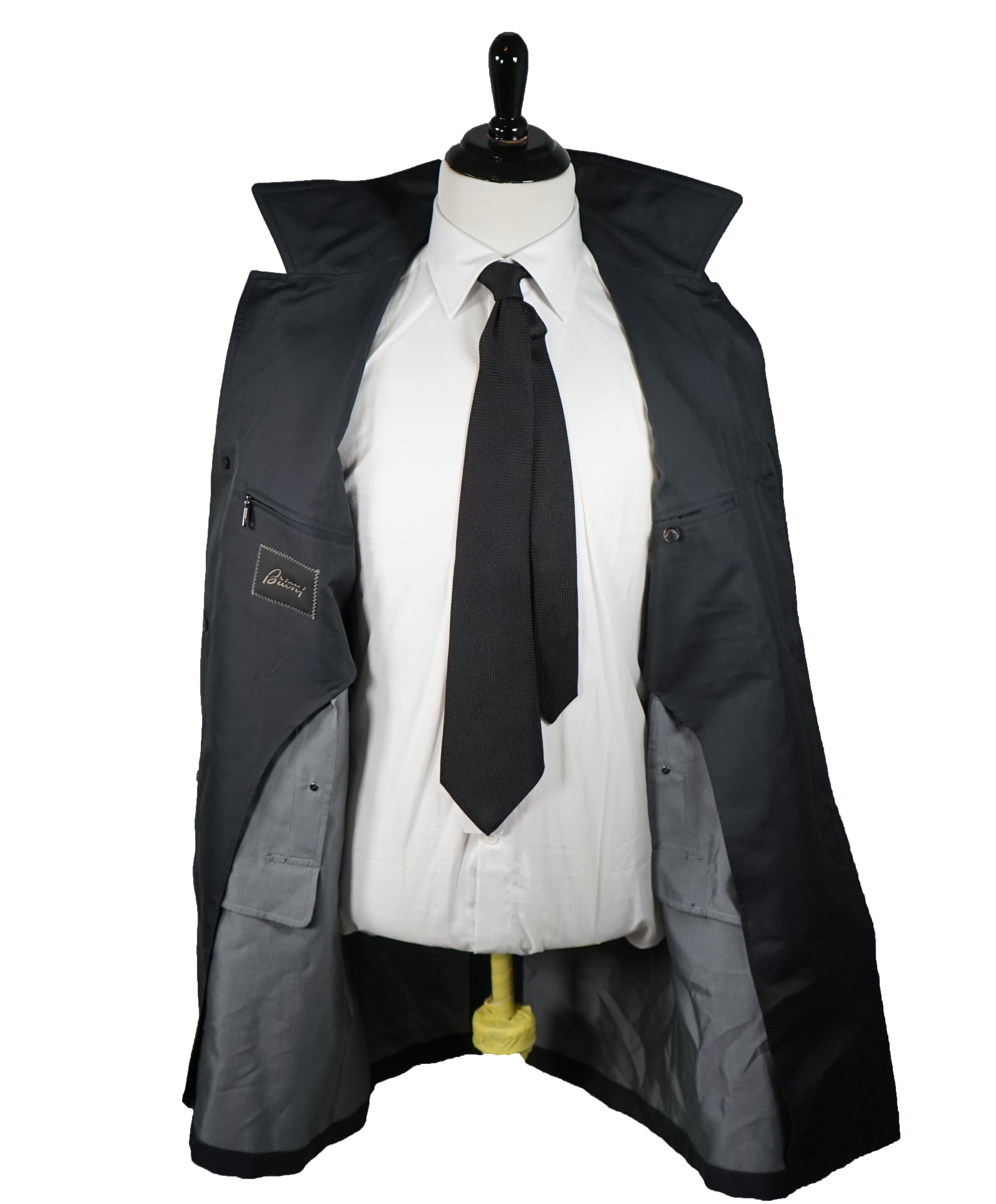 BRIONI - Silk Blend Long Top Coat With Leather Details & Logos - M