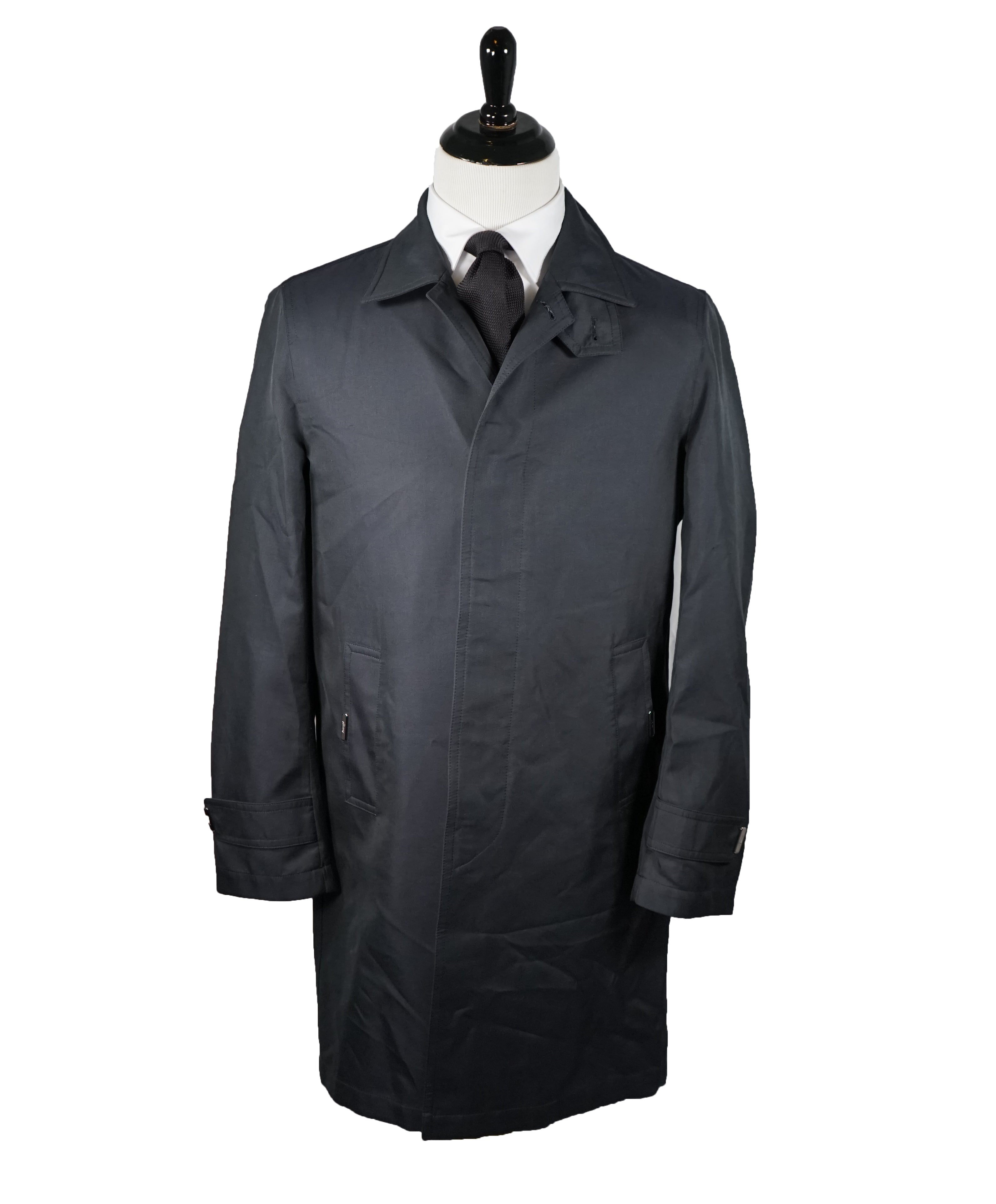 BRIONI - Silk Blend Long Top Coat With Leather Details & Logos - M