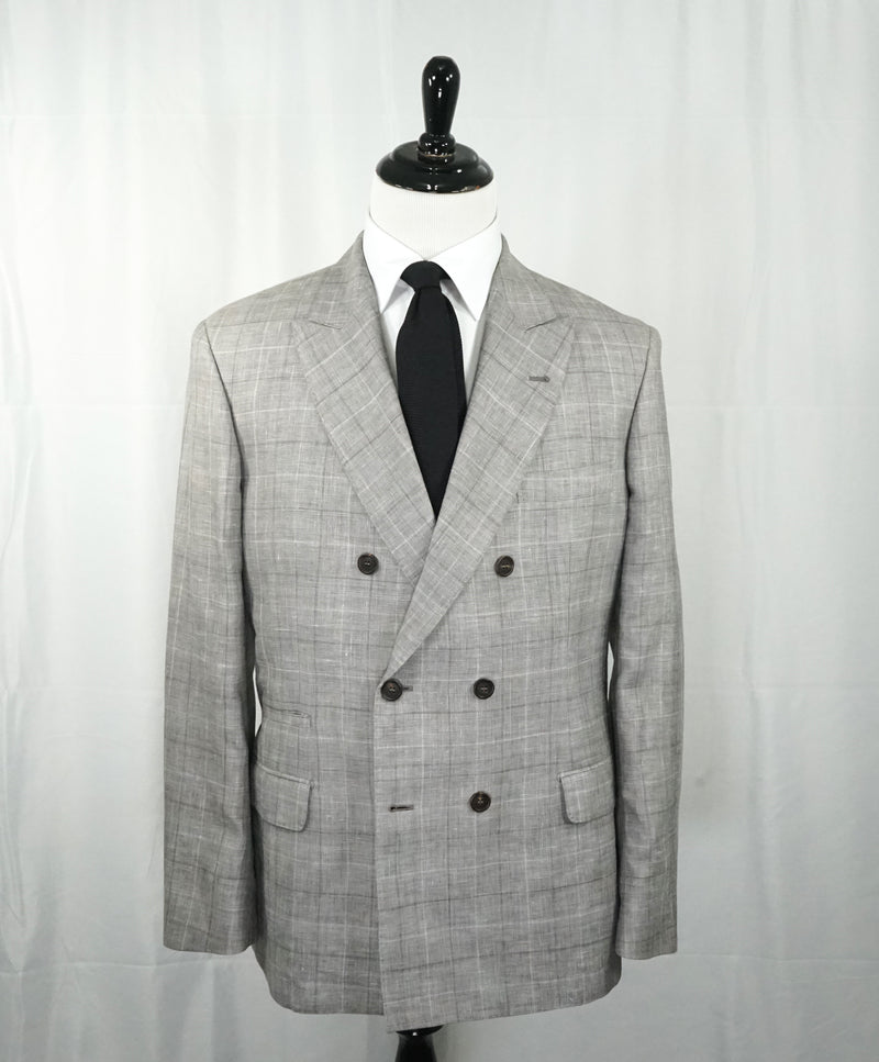 BRUNELLO CUCINELLI - Wool/Linen/Silk Plaid Double Breasted Gray Suit - 44R