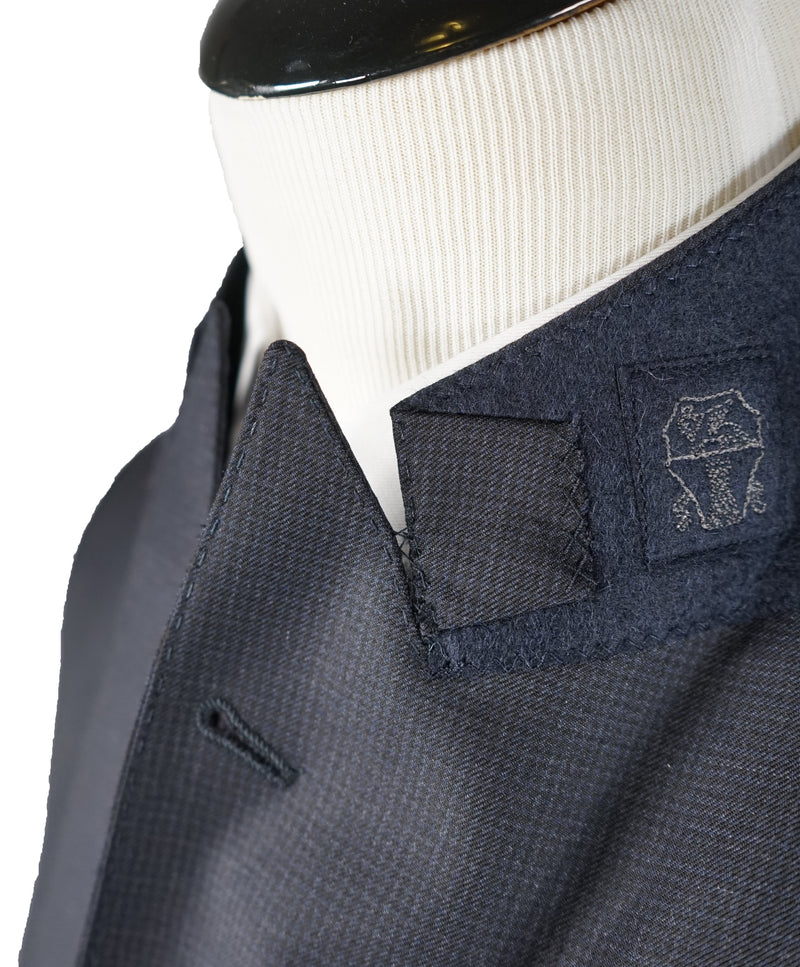 BRUNELLO CUCINELLI - Blue Gray Check Minicheck Wide Peak Lapel Suit - 40R