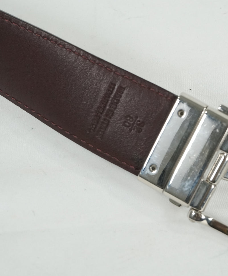 BURBERRY - Tonal Nova Plaid & Burgundy Leather Reversible Belt -  32W (80)