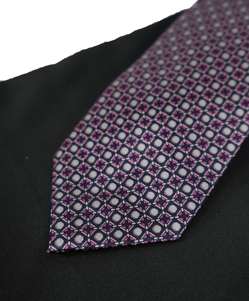 BRIONI - Navy Silver & Pink Geometric Print Tie