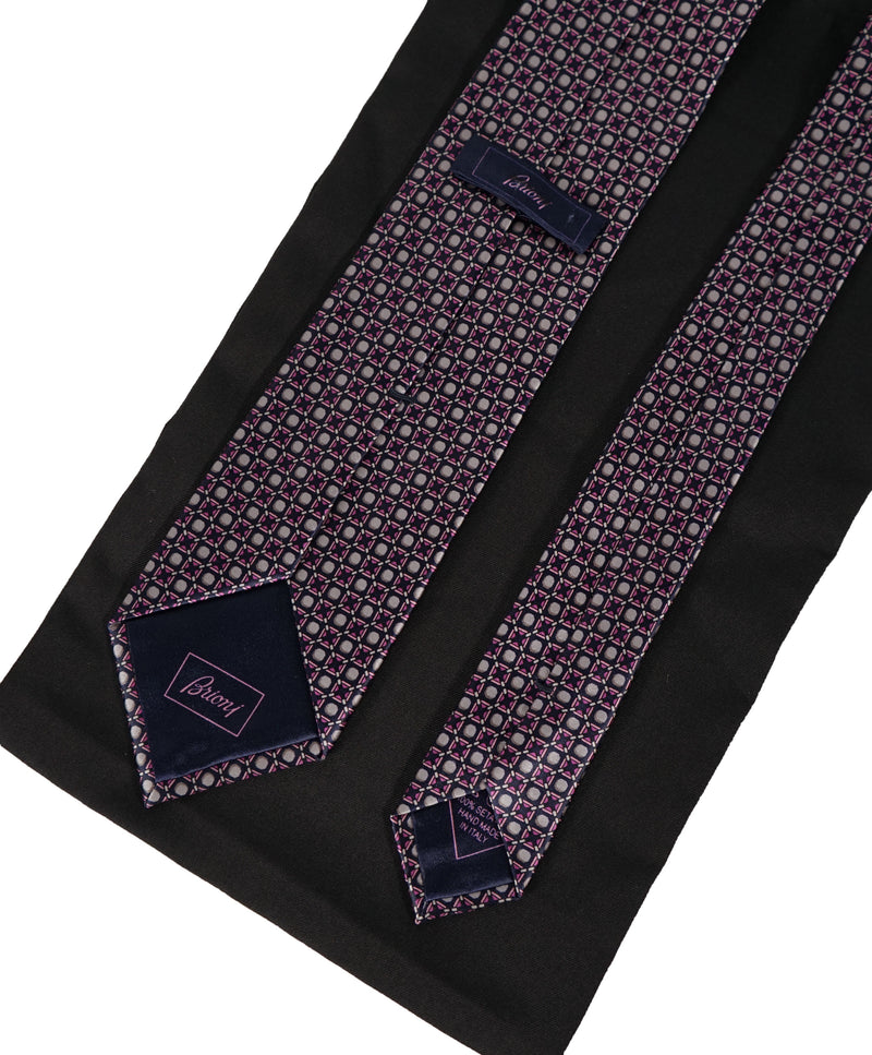 BRIONI - Navy Silver & Pink Geometric Print Tie
