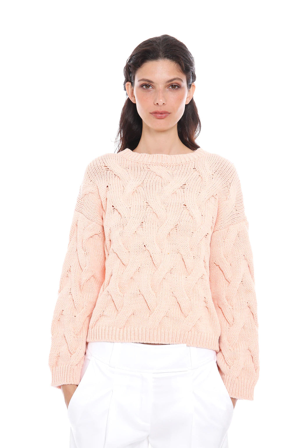 ELEVENTY - Pink/Peach Cotton Braided Cable Knit Round Neck Sweater - M
