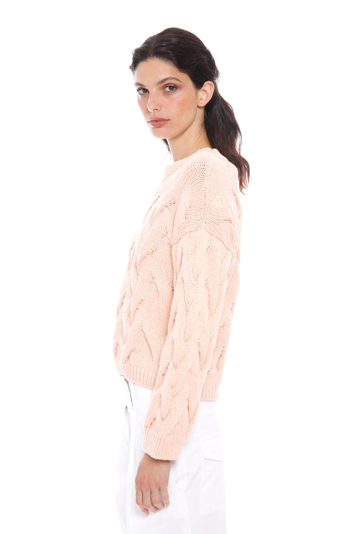 ELEVENTY - Pink/Peach Cotton Braided Cable Knit Round Neck Sweater - XS