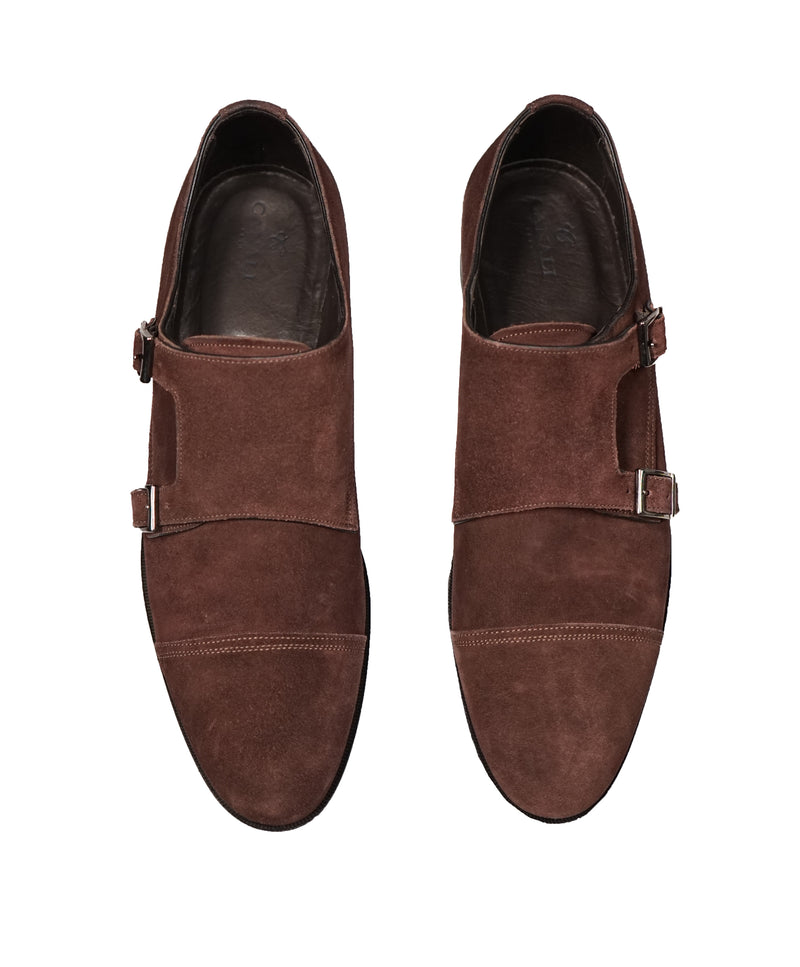 CANALI - Brown Suede Double Monk Strap Loafers Contrast Stitch - 10.5