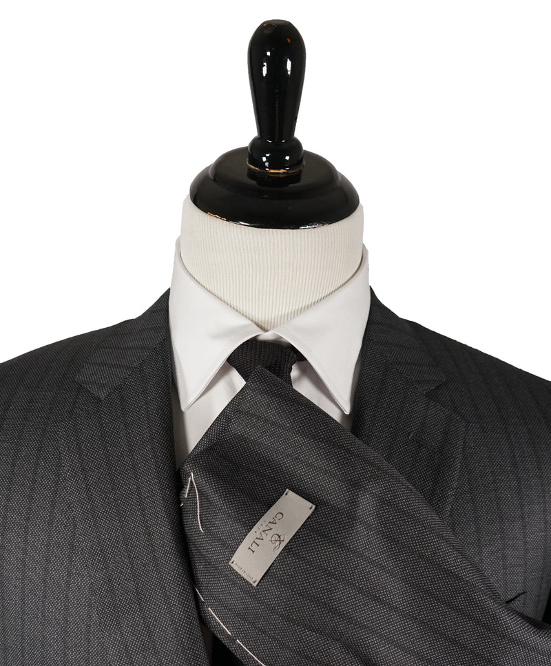 CANALI - Gray on Gray Bold Textured Stripe Royal Weave Suit - 48R