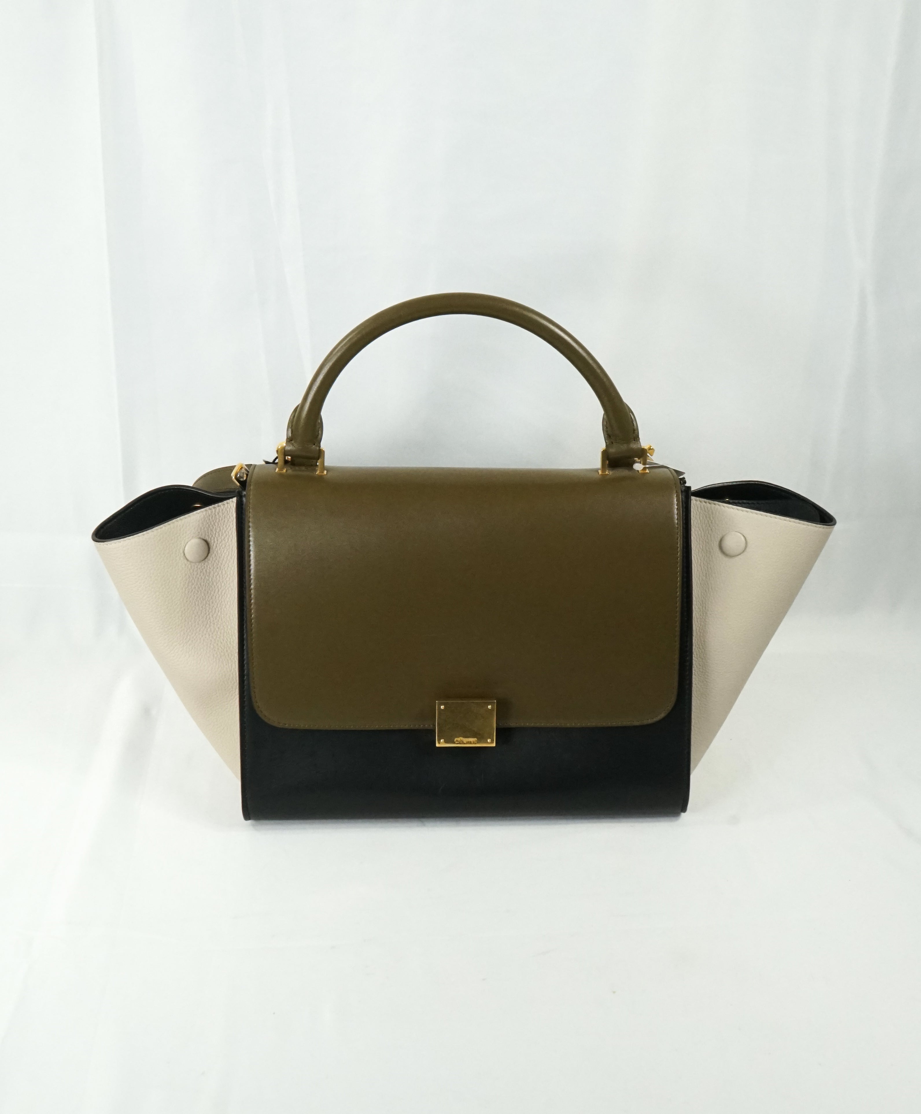 CELINE - "Trapeze" Sleek Calfskin Tricolor Moss Green Handbag -