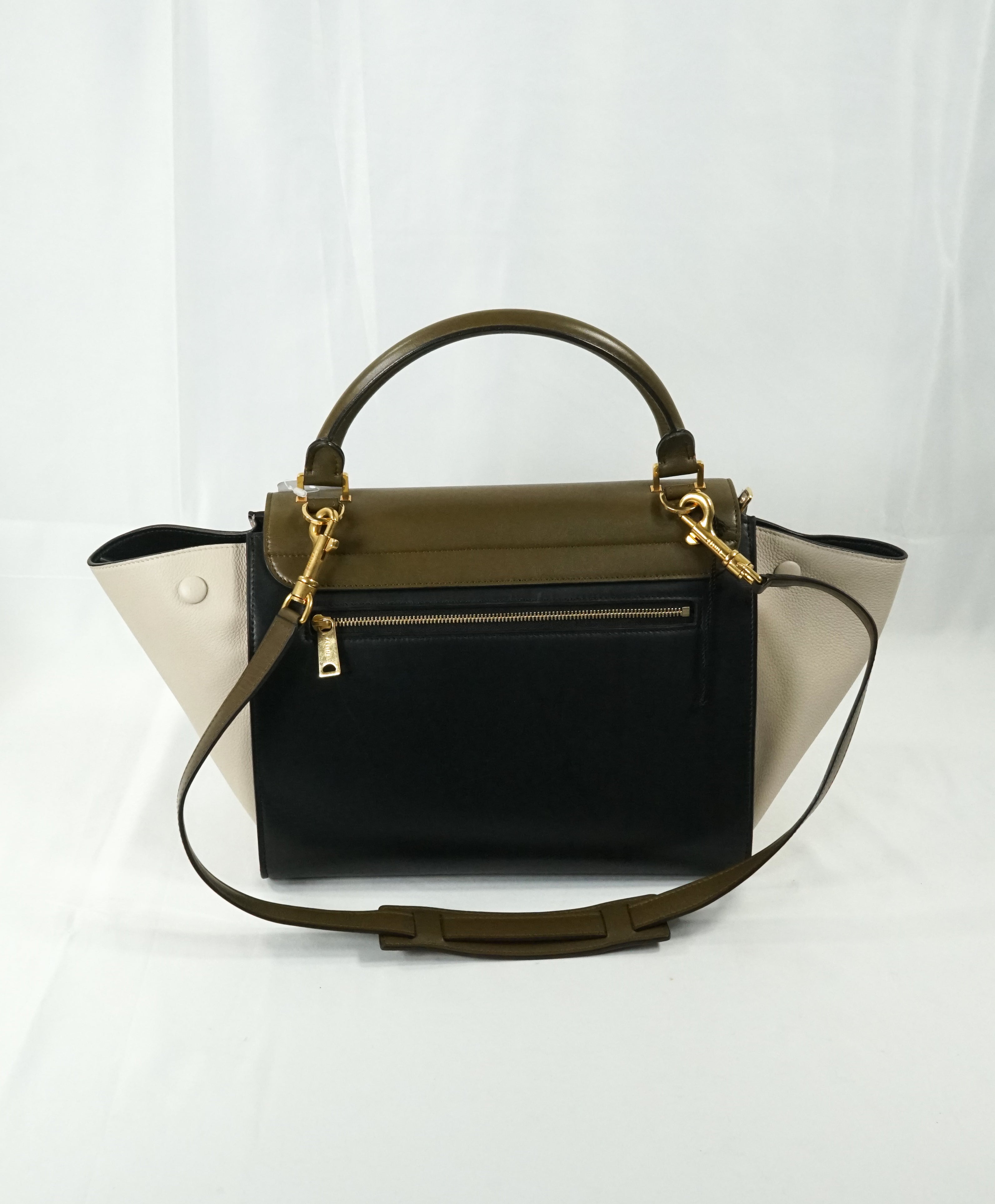 CELINE - "Trapeze" Sleek Calfskin Tricolor Moss Green Handbag -