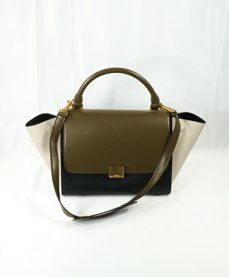 CELINE - "Trapeze" Sleek Calfskin Tricolor Moss Green Handbag -