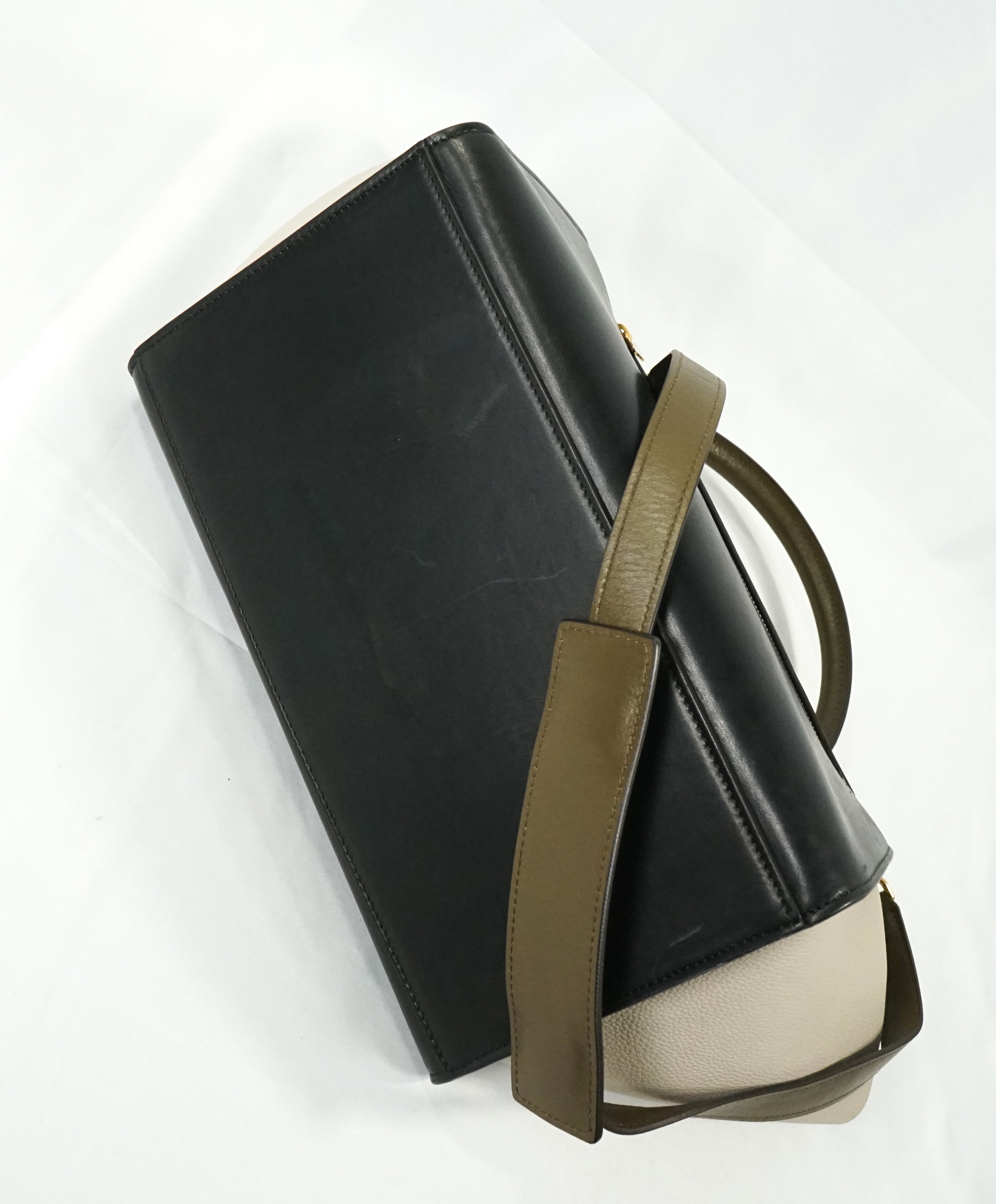 CELINE - "Trapeze" Sleek Calfskin Tricolor Moss Green Handbag -