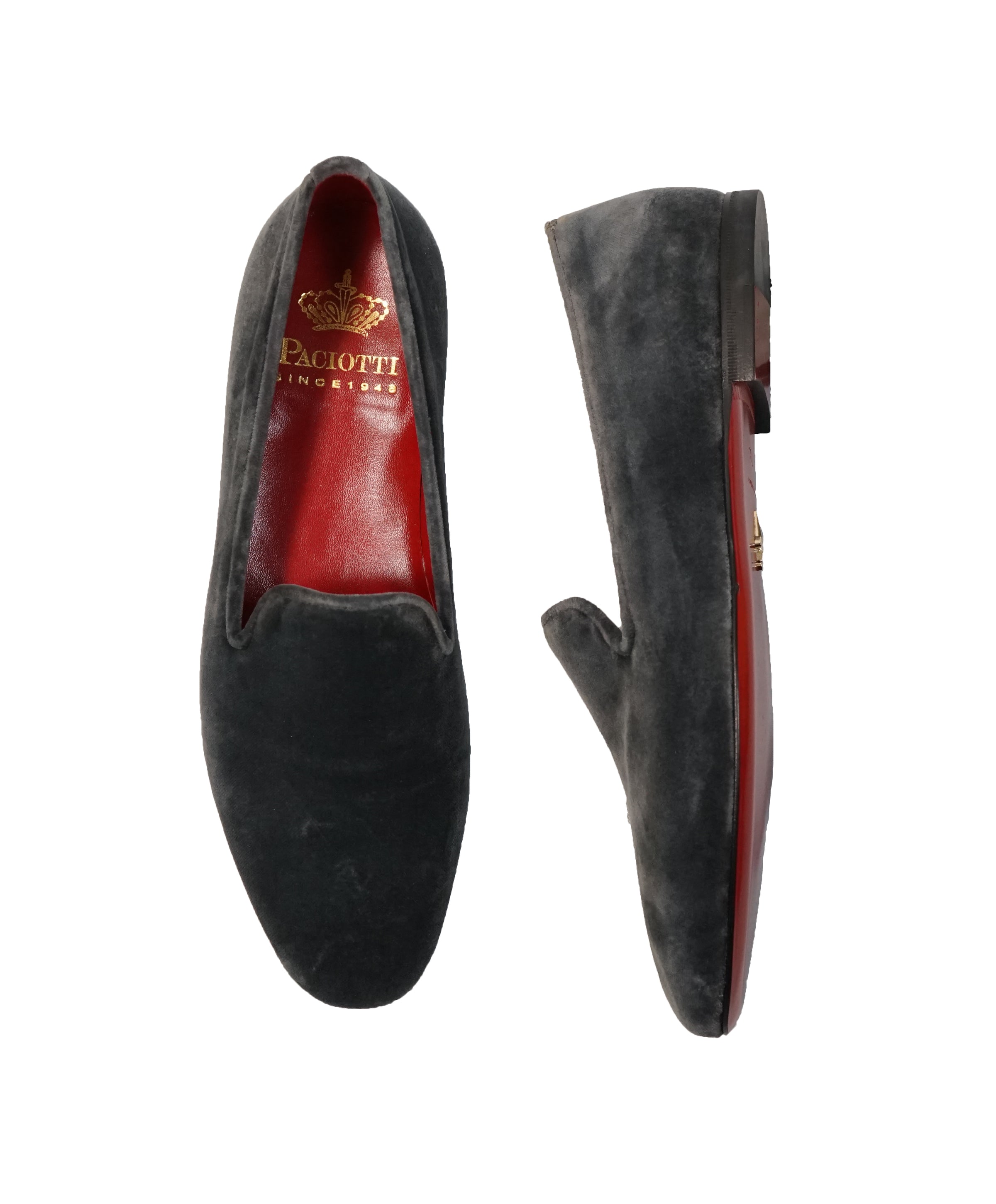 CESARE PACIOTTI Gray Velvet Smoking Slippers Loafers RED SOLE 8.5 Luxe Hanger