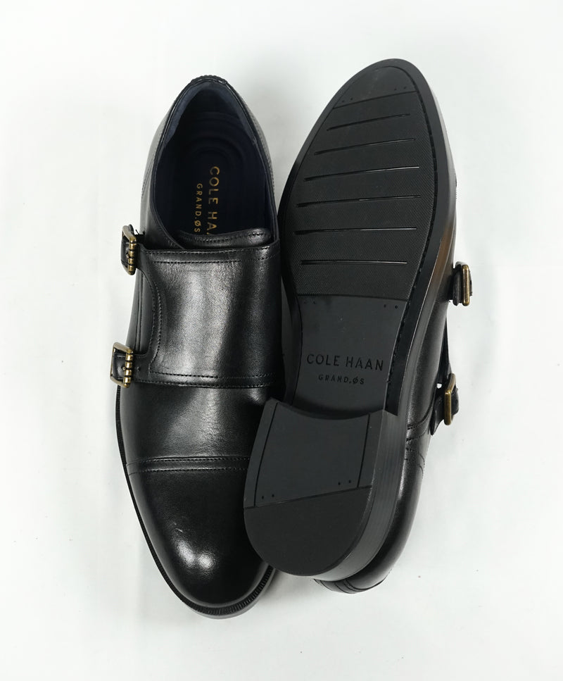 COLE HAAN - "Henry" Black Cap Toe Double Monk Strap Loafers "Grand OS” - 9.5