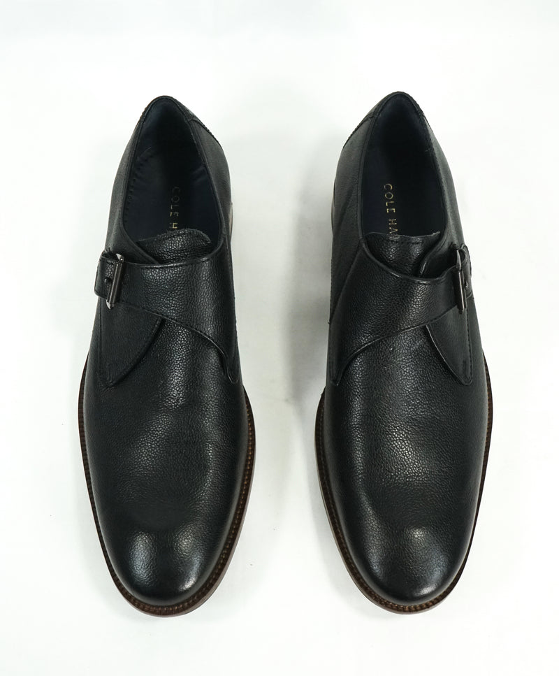 COLE HAAN - Black Single Monk Strap Pebbled Leather Loafers - 11