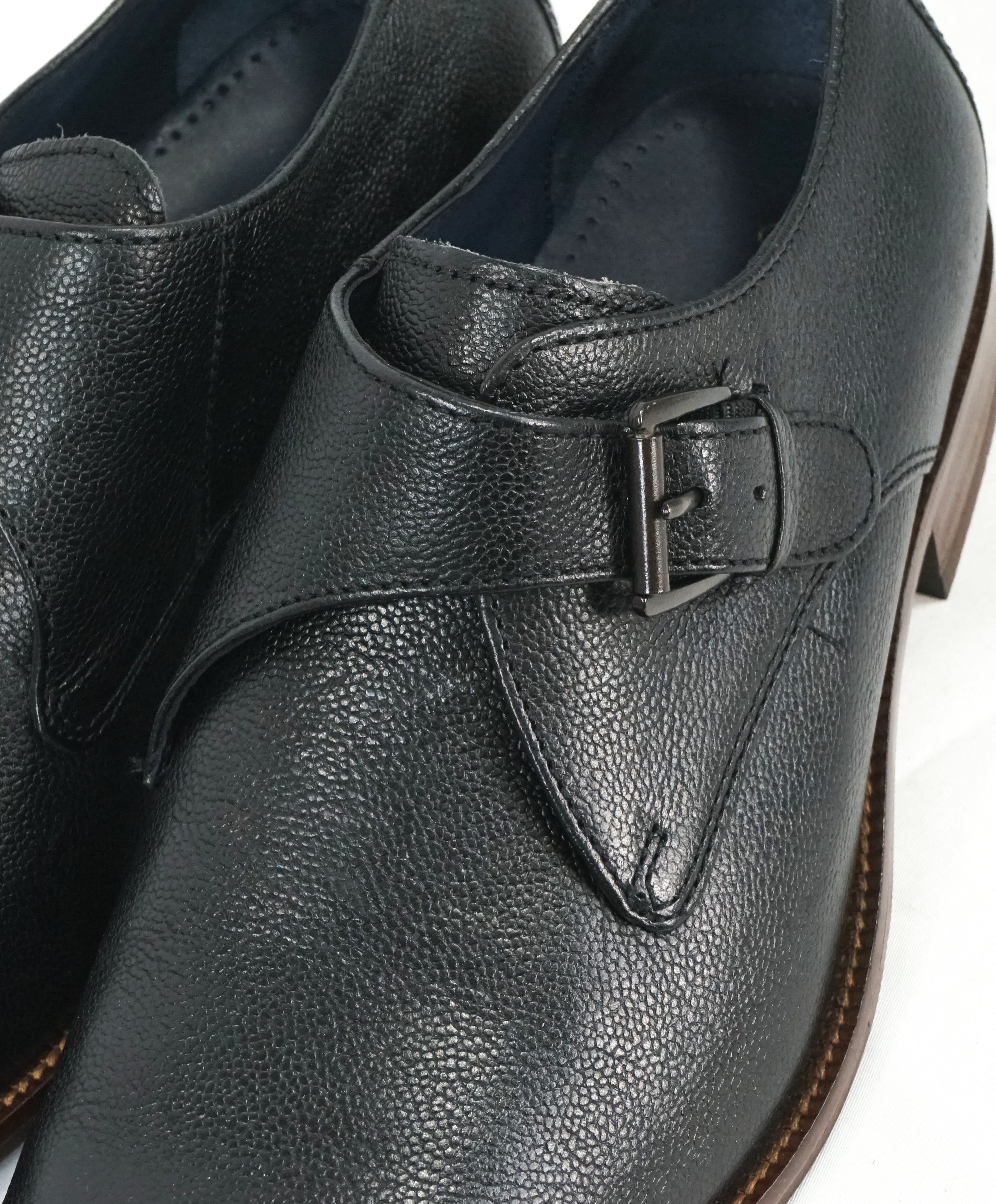 COLE HAAN - Black Single Monk Strap Pebbled Leather Loafers - 11