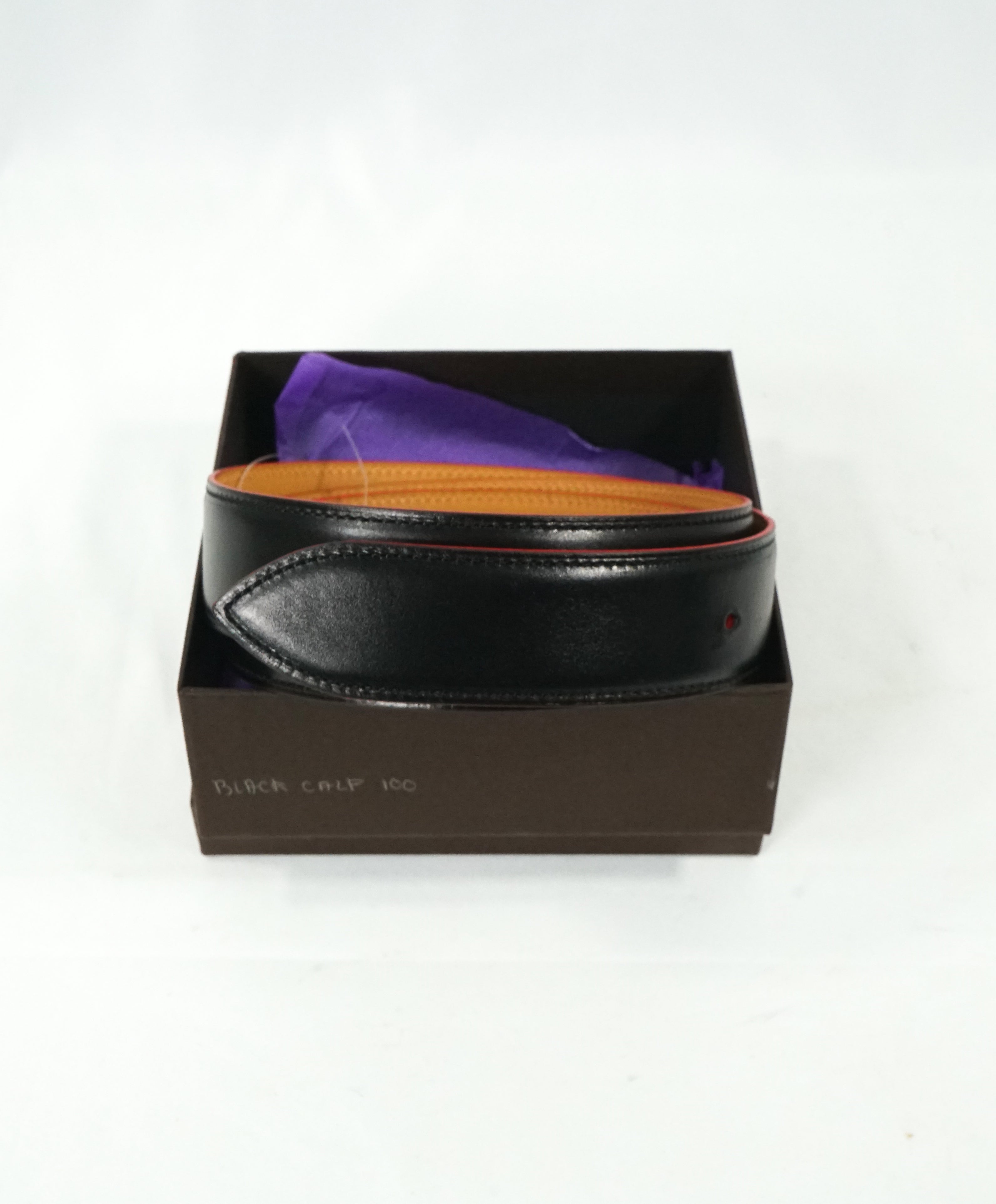 CORTHAY - "ARCA" Red Trim Black Leather Belt Strap -  100CM