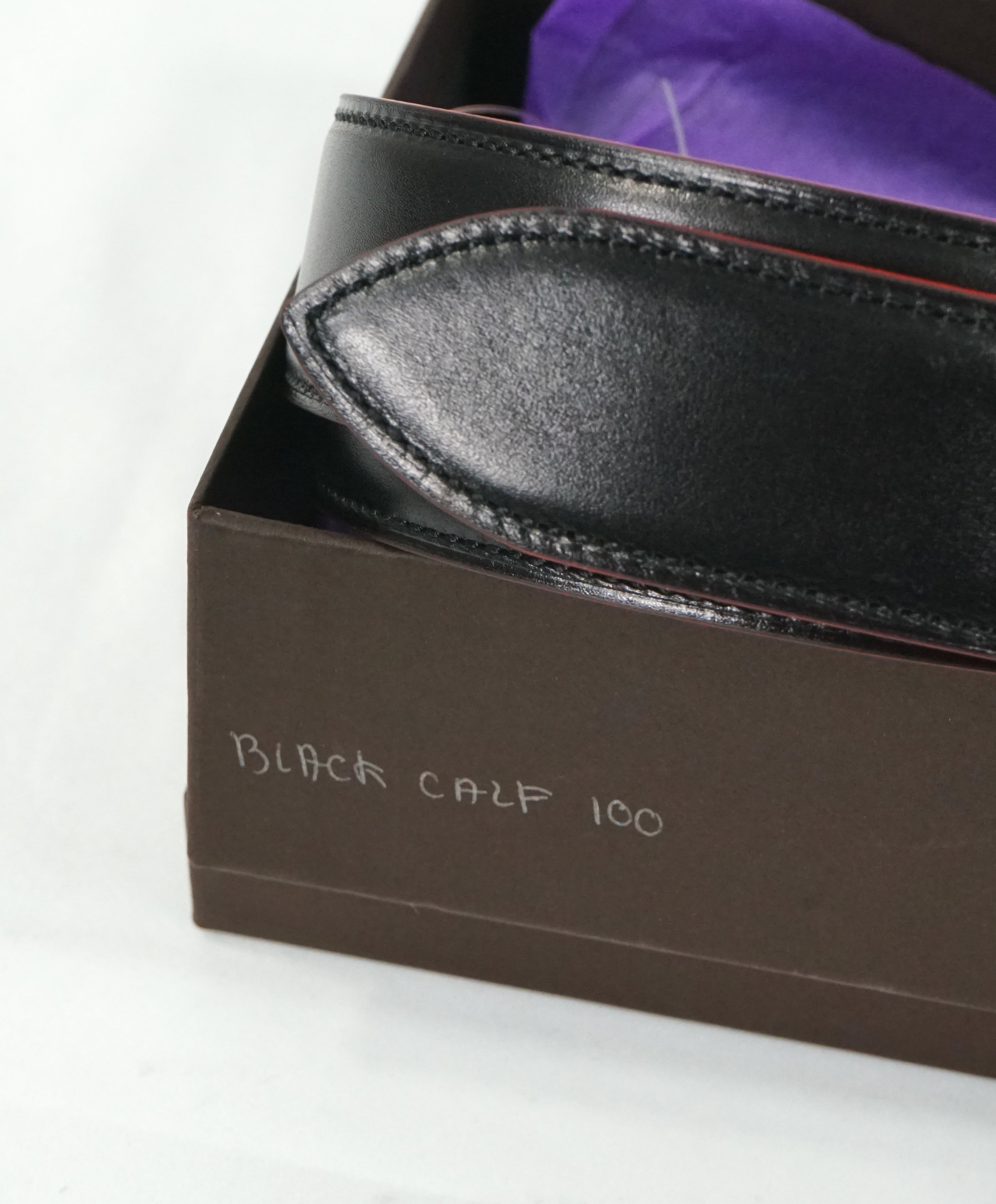 CORTHAY - "ARCA" Red Trim Black Leather Belt Strap -  100CM