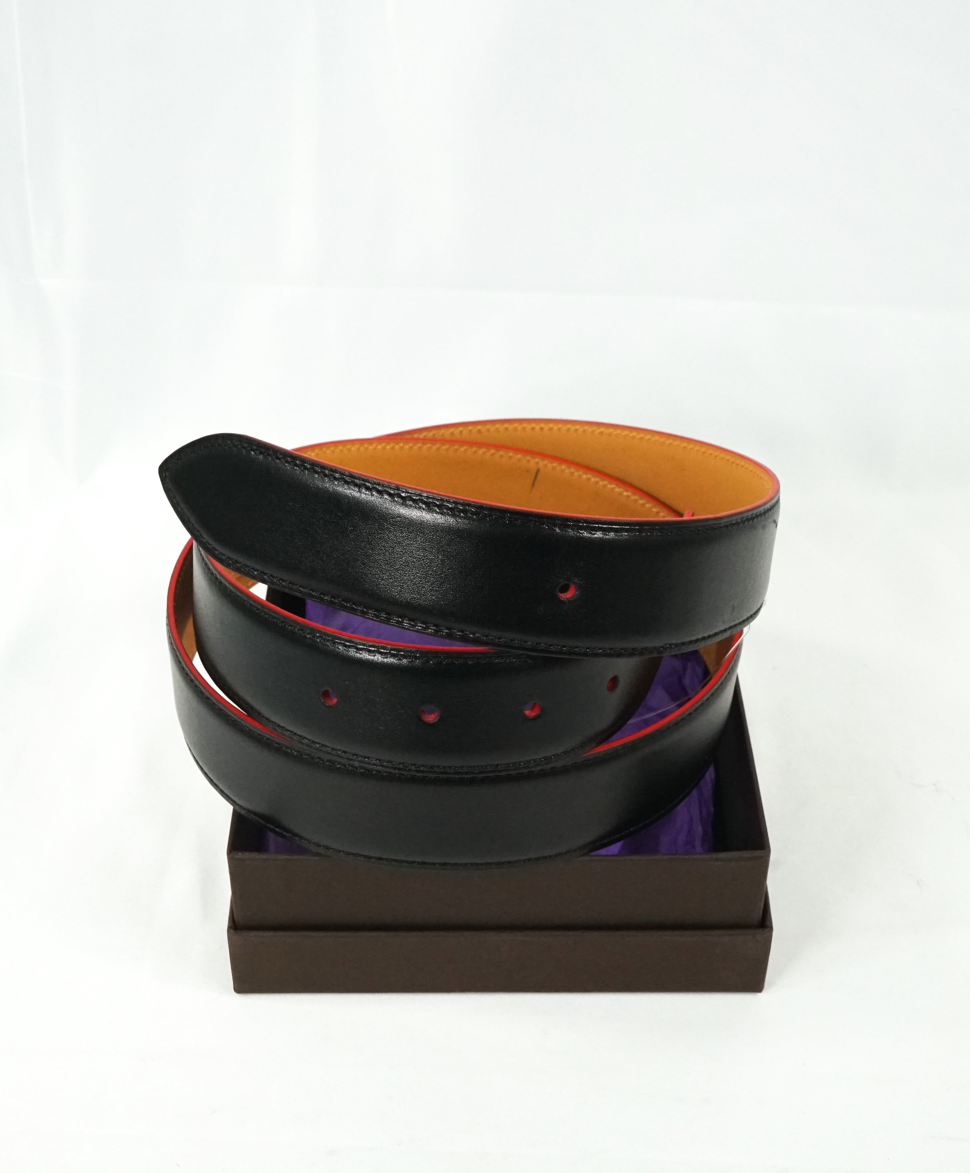 CORTHAY - "ARCA" Red Trim Black Leather Belt Strap -  100CM