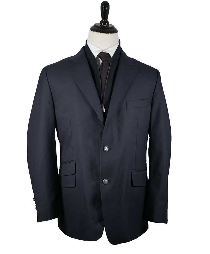 CORNELIANI ID Wool Blazer Coat Logo Hardware Suede Detail 46R Luxe Hanger