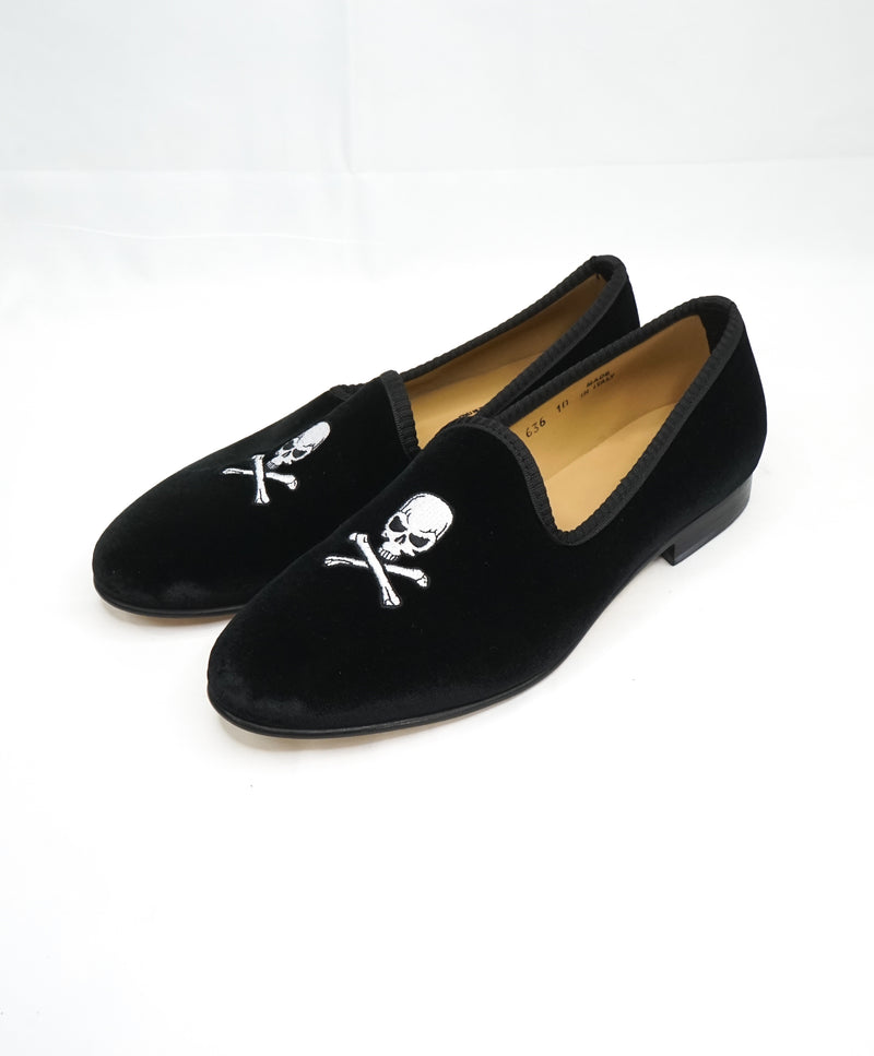 DEL TORO - Black Red Stripe "Skull N' Bones" Velvet Smoking Slippers Loafers - L10/R9.5