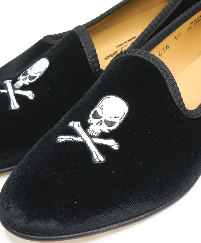 DEL TORO - Black Red Stripe "Skull N' Bones" Velvet Smoking Slippers Loafers - L10/R9.5