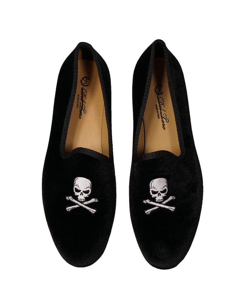 DEL TORO - Black Skull n’ Cross Bones Velvet Smoking Slippers Loafers - 10.5