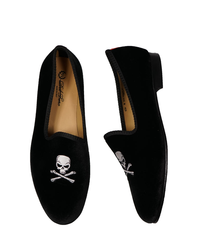 DEL TORO - Black Skull n’ Cross Bones Velvet Smoking Slippers Loafers - 10.5