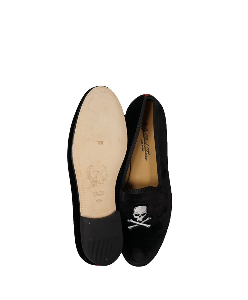 DEL TORO - Black Skull n’ Cross Bones Velvet Smoking Slippers Loafers - 10.5