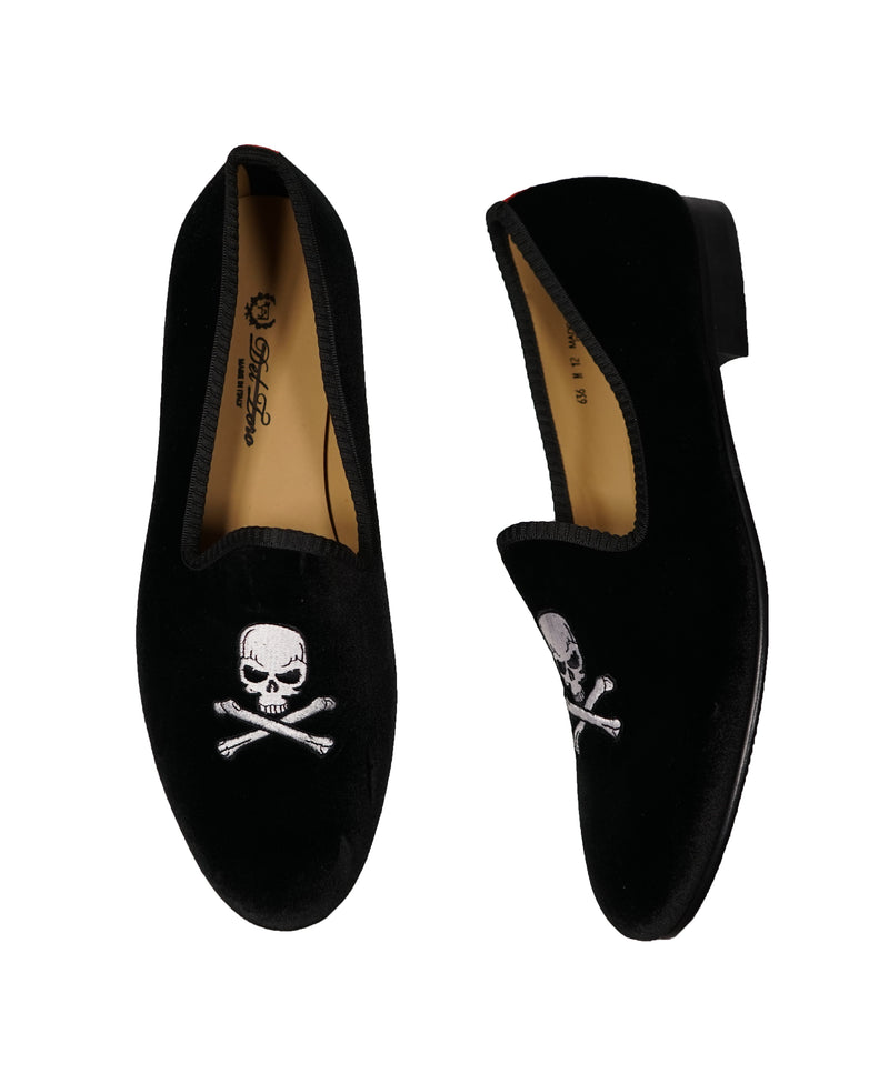 DEL TORO - Black Skull n’ Cross Bones Velvet Smoking Slippers Loafers - 12