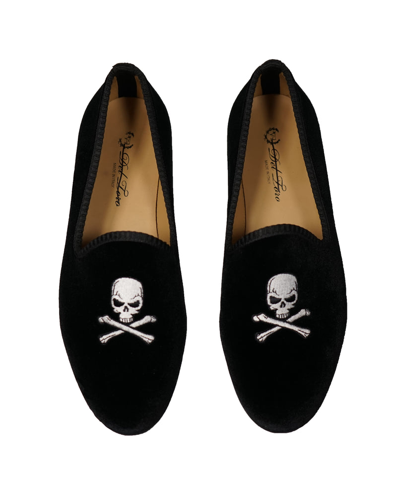 DEL TORO - Black Skull n’ Cross Bones Velvet Smoking Slippers Loafers - 8