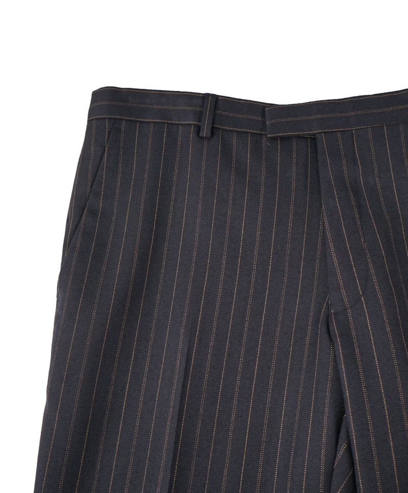 DRIES VAN NOTEN - Navy & Orange Stripe Wool Flat Front Dress Pants - 34W