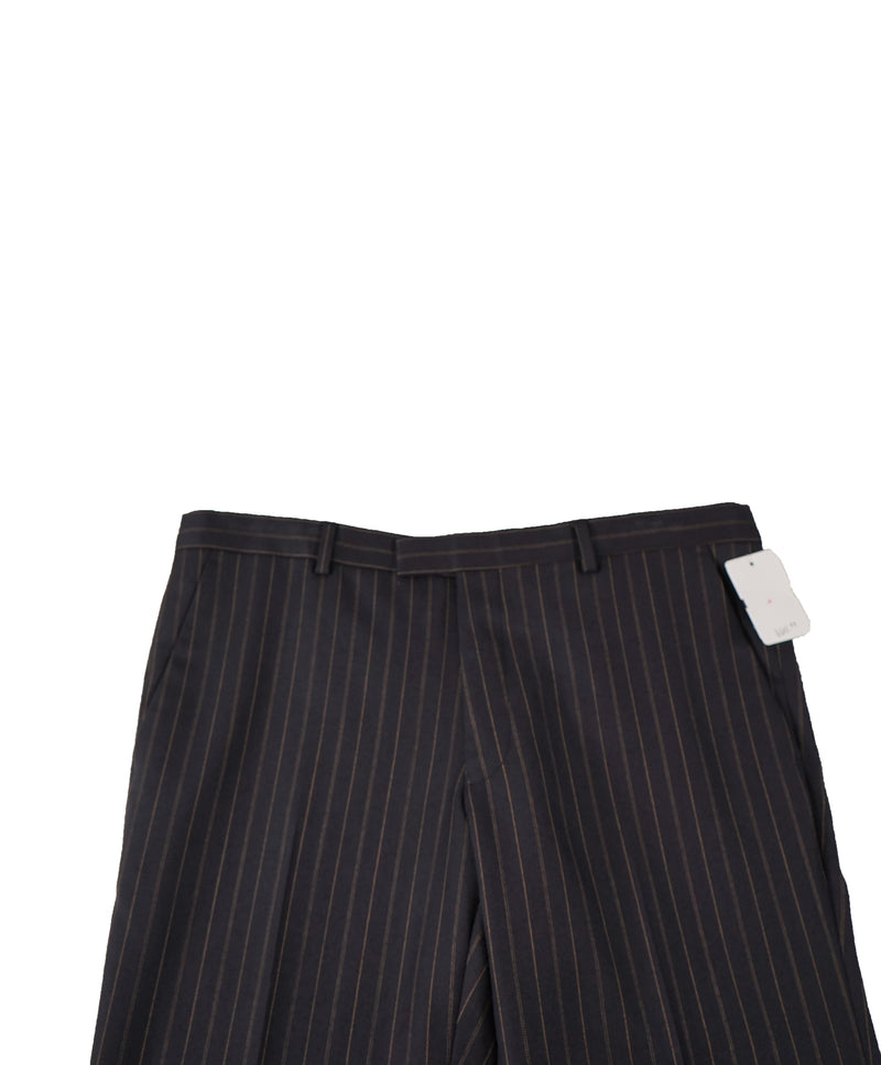 DRIES VAN NOTEN - Navy & Orange Stripe Wool Flat Front Dress Pants - 34W