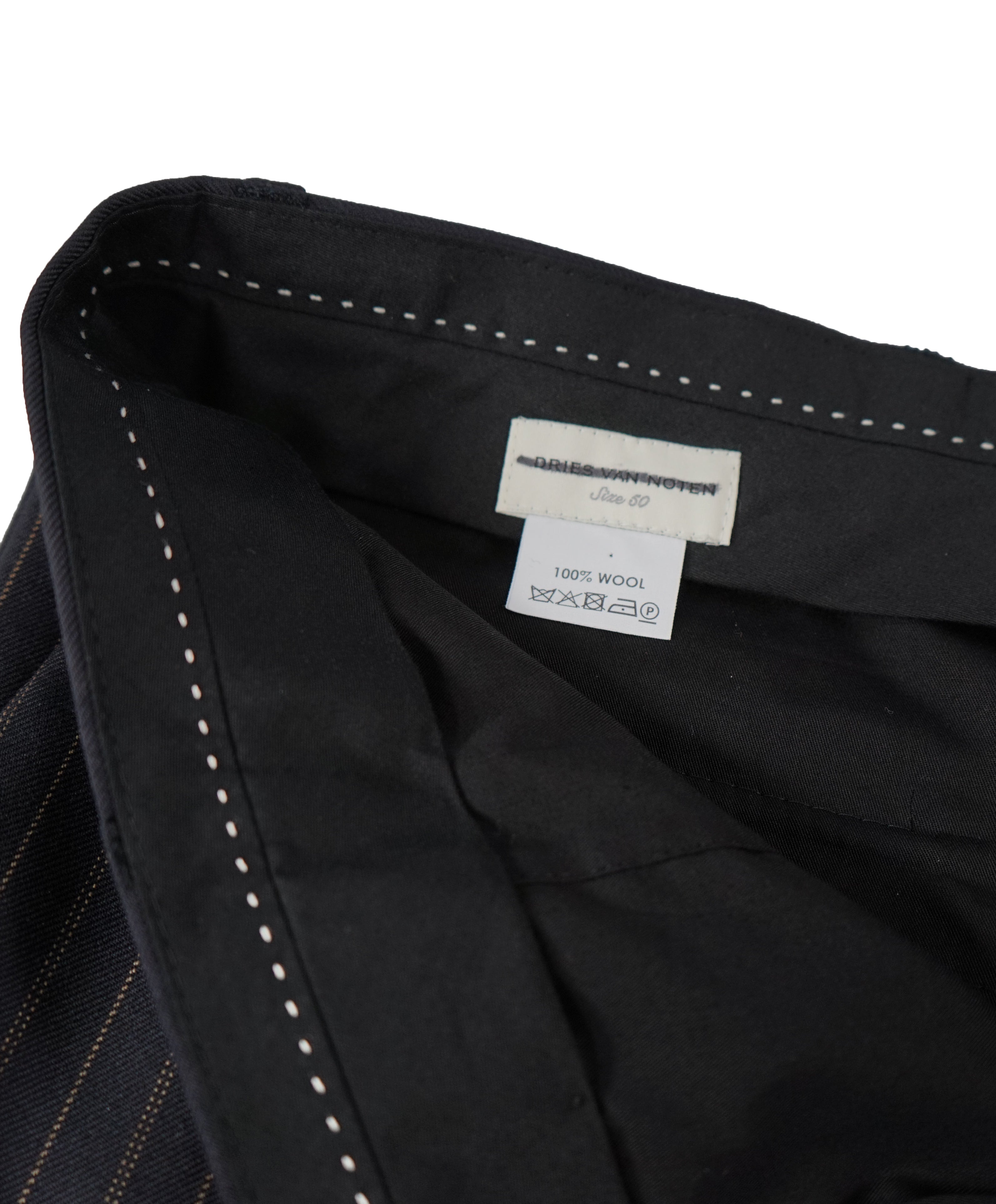 DRIES VAN NOTEN - Navy & Orange Stripe Wool Flat Front Dress Pants - 34W