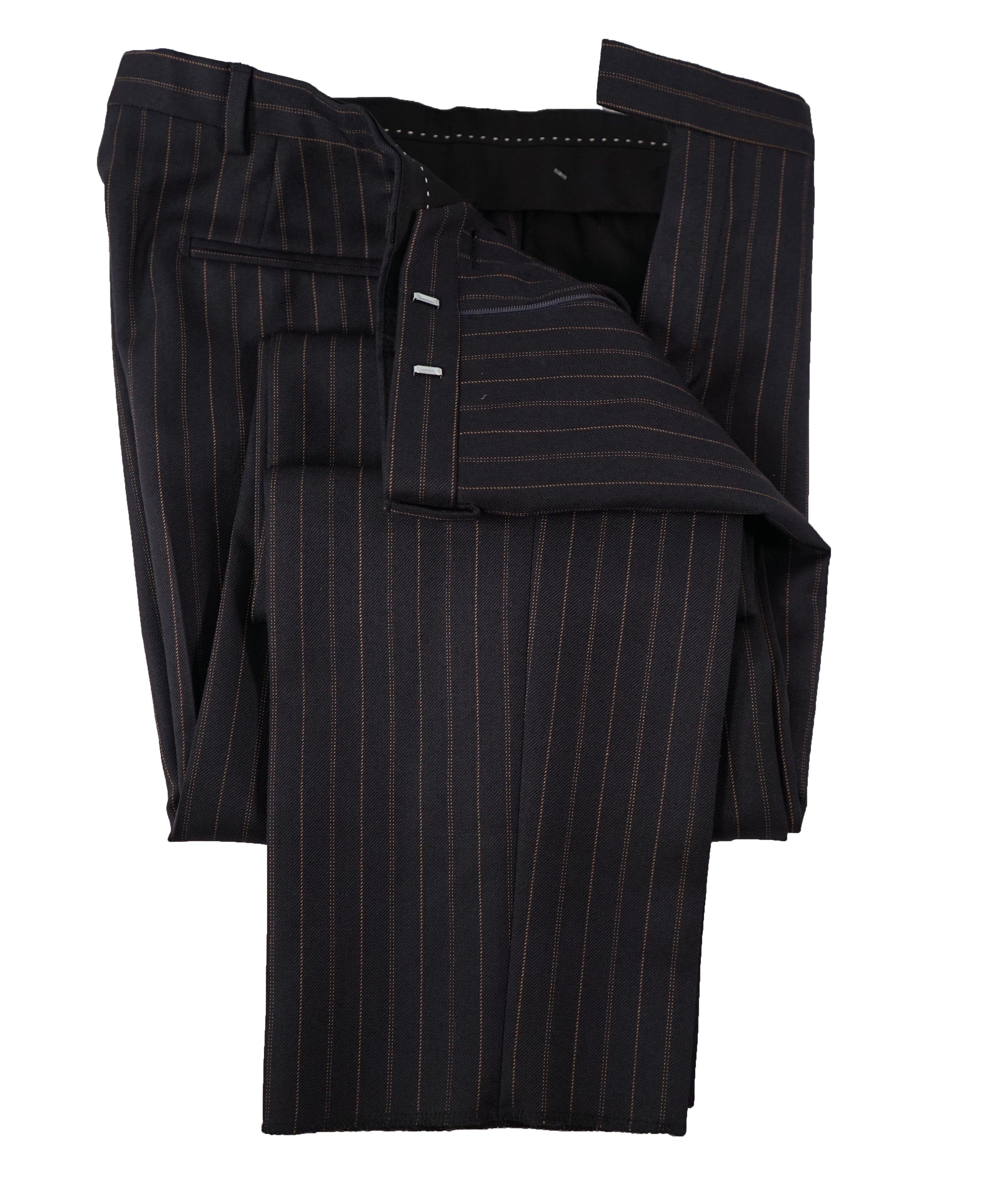 DRIES VAN NOTEN - Navy & Orange Stripe Wool Flat Front Dress Pants - 34W