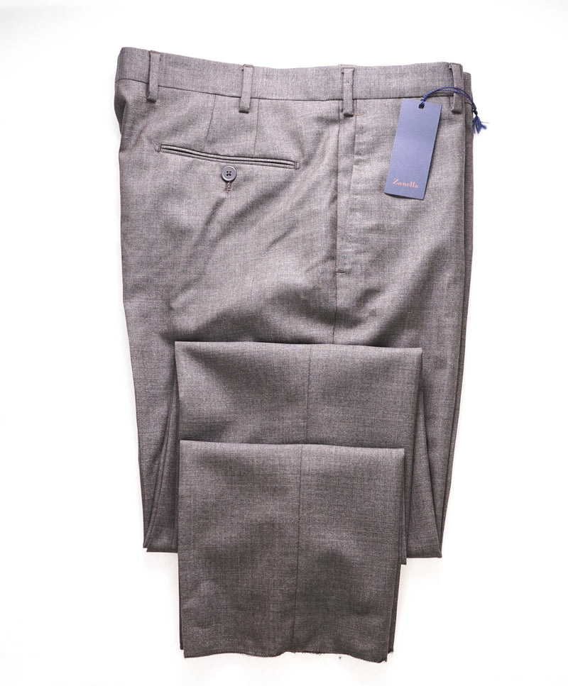 ZANELLA - Heather Brown Textured Flat Front Wool Dress Pants - 36W
