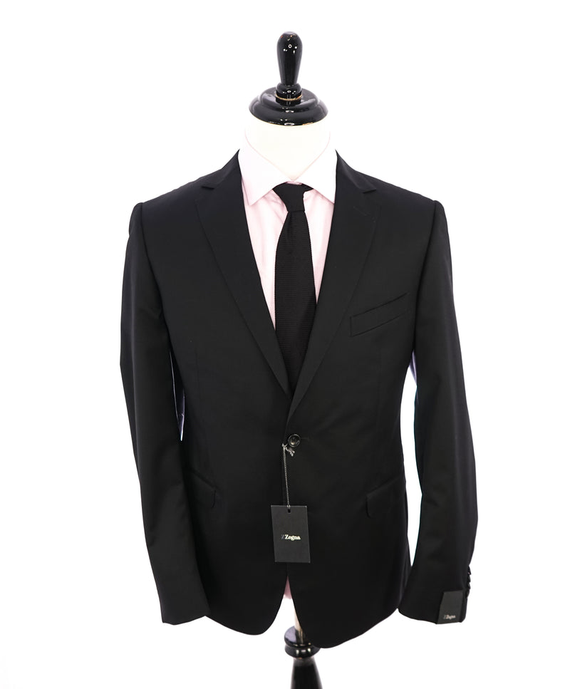 Z ZEGNA - Solid Black Fabric *CLOSET STAPLE* Drop 8 Wool Suit - 46R