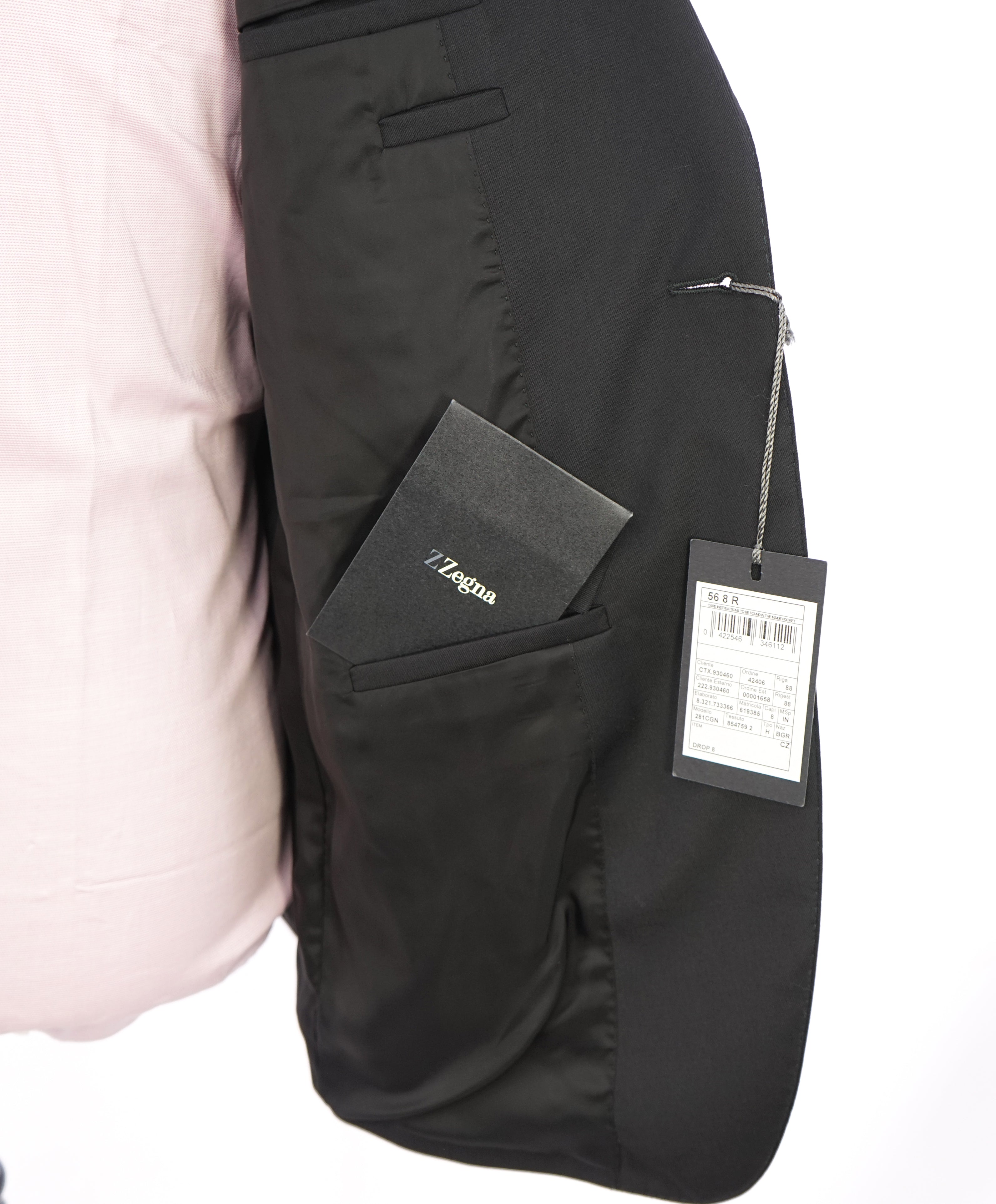 Z ZEGNA - Solid Black Fabric *CLOSET STAPLE* Drop 8 Wool Suit - 46R