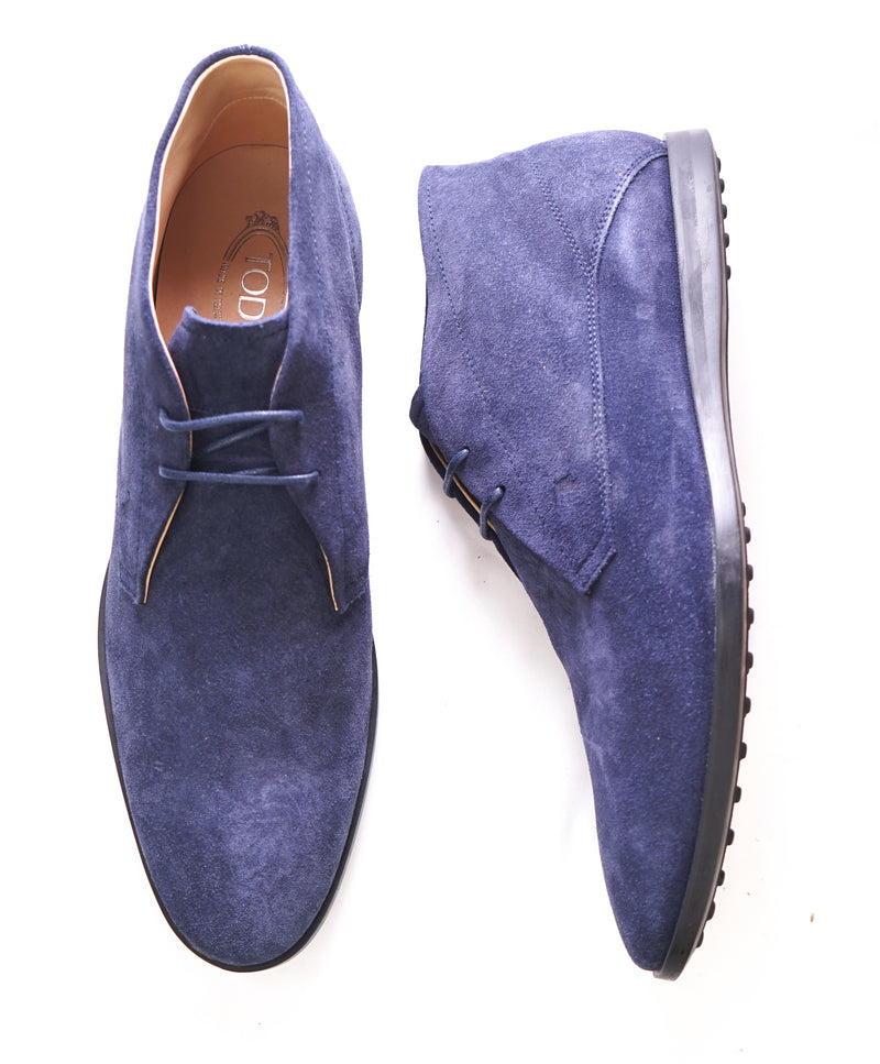 TOD’S - Supple Blue Suede Logo Chukka Boot With Logo - 12.5