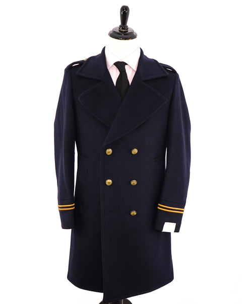 $2,000 ELEVENTY - Navy/Gold CASHMERE/Wool  Pilot/Aviator Overcoat - 42R (52EU)