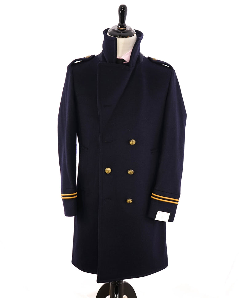 $2,000 ELEVENTY - Navy/Gold CASHMERE/Wool  Pilot/Aviator Overcoat - 44R (54 EU)