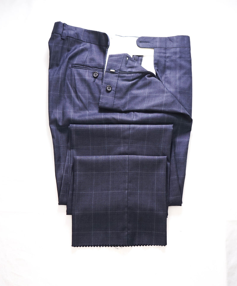 HICKEY FREEMAN - Mid Blue Windowpane Check Wool Flat Front Dress Pants - 36W