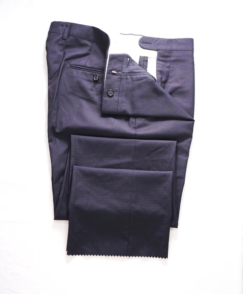 HICKEY FREEMAN - Blue Micro Check Wool Flat Front Dress Pants - 34W